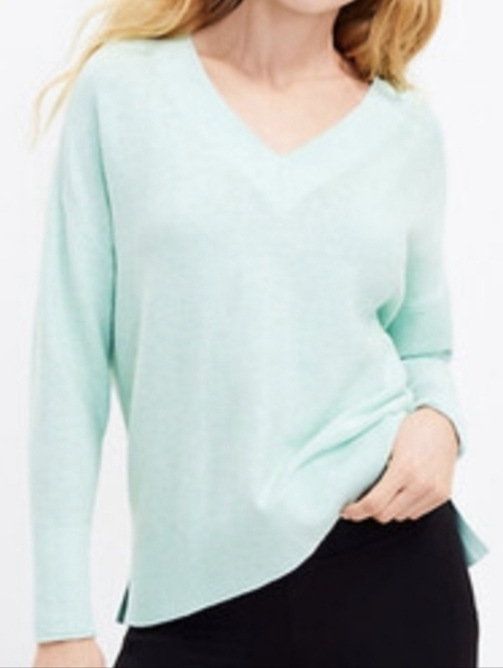 Lou & Grey Double V Sweater XS Pale Pastel Green V-neck 100% Cotton